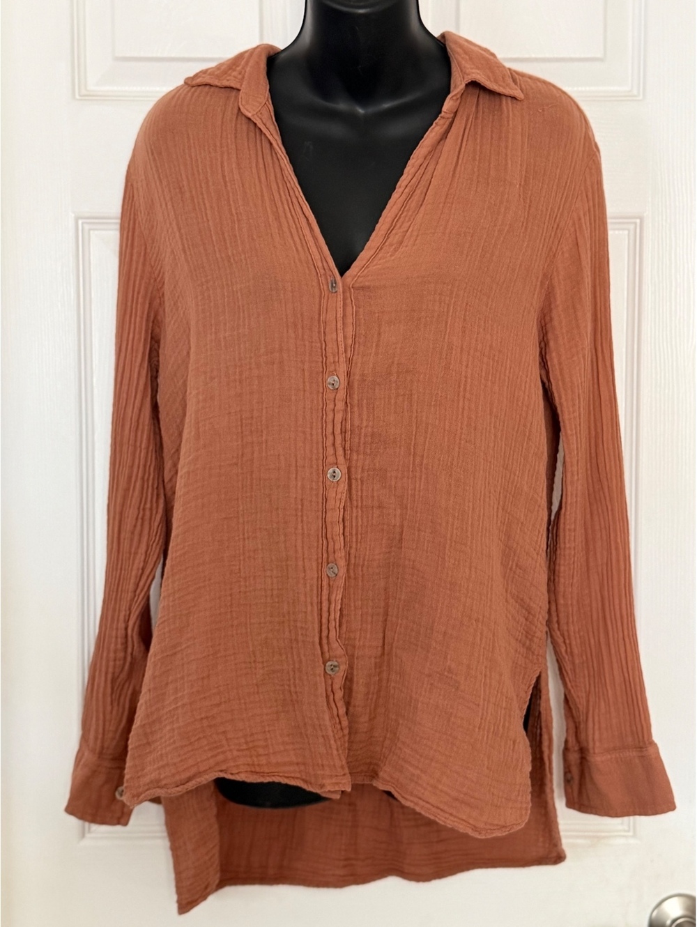 Michael Stars Los Angeles Rust Cotton Gauze Button Front Long Sleeve Shirt XS